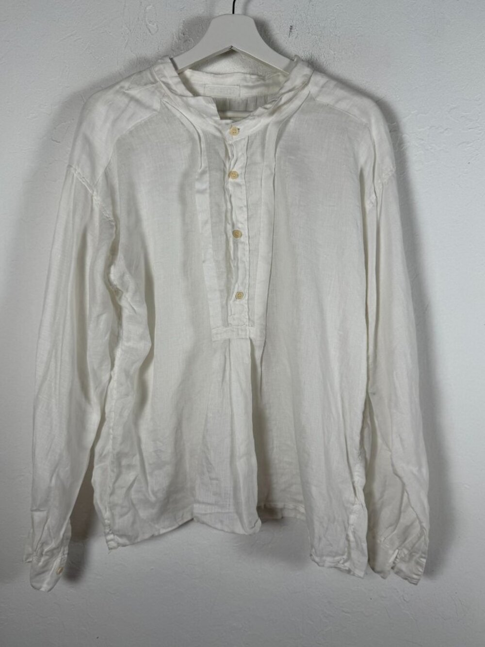 CP Shades White Linen Henley Top Long Sleeve Popover Shirt Boho Lagenlook Medium